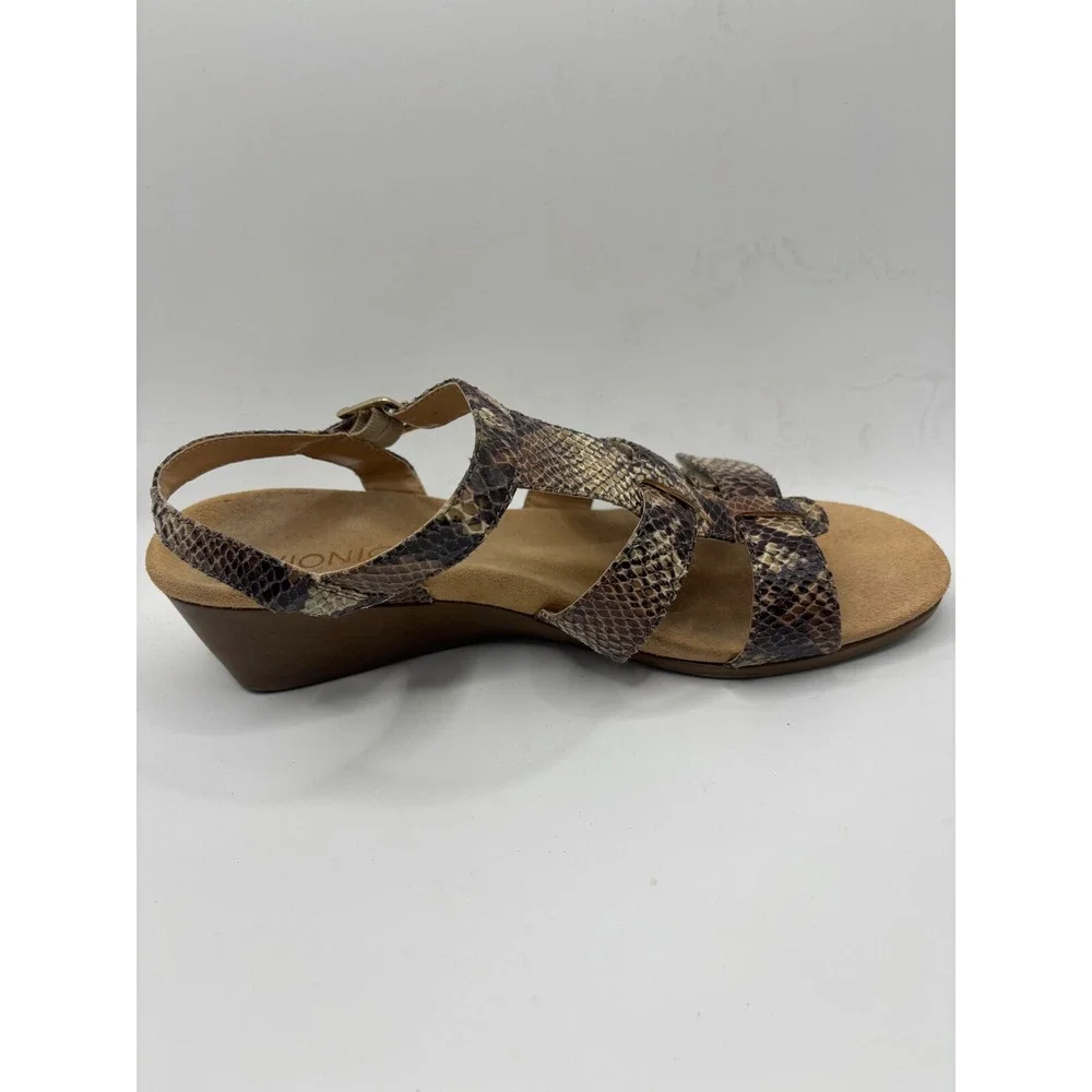 Vionic Snakeskin Strappy Wedge Sandals Brown Animal Print Orthotic Womens 9 Wide